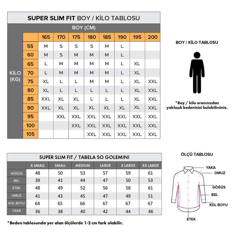 Beden Tablosu Süper Slim Fit