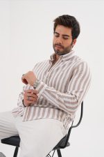 Erkek Bej 100%pamuk Nefes Alan Teri Emen Çizgili Regular Gömlek